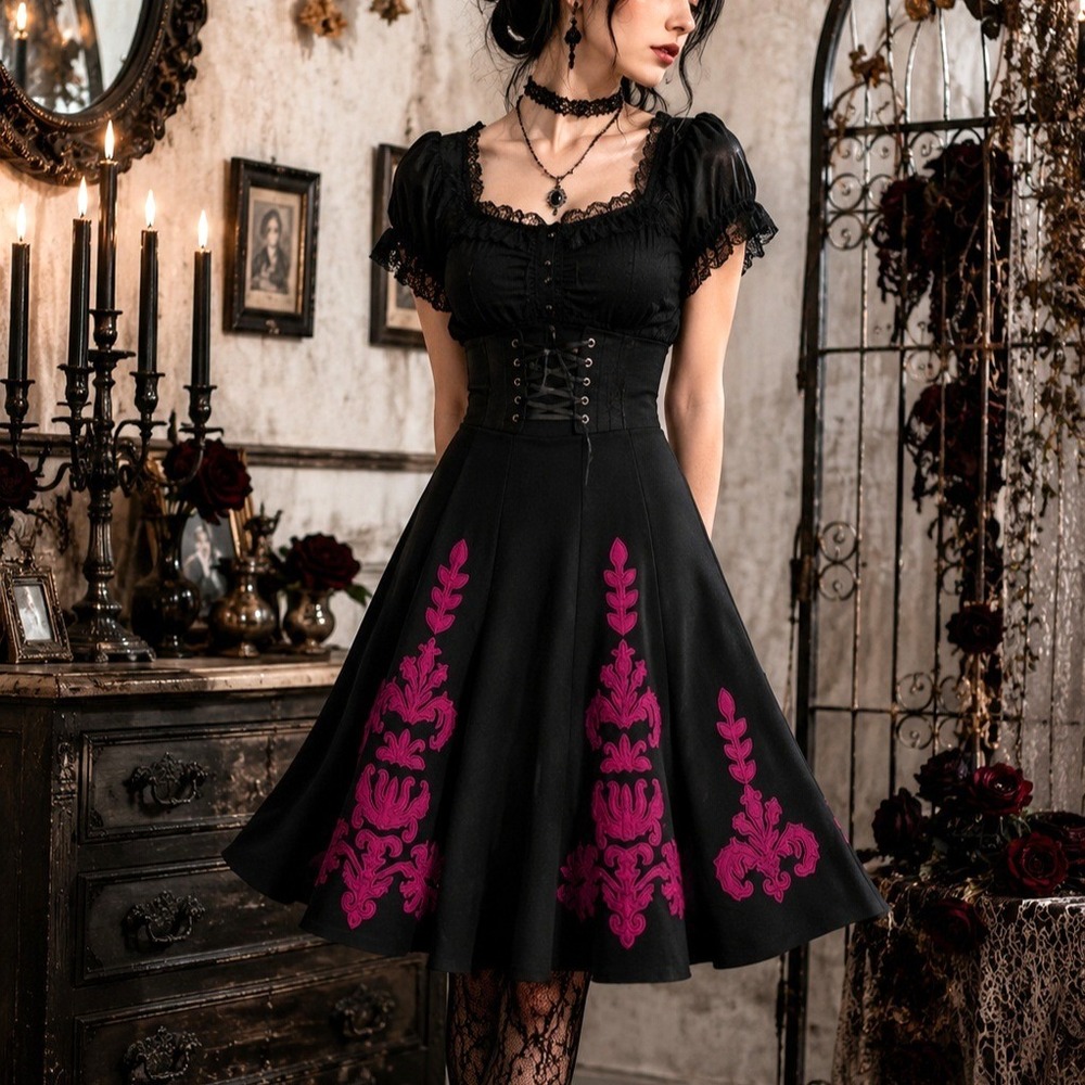 Sunny Leigh Skirt 10P Black Pink Embroidered A-Line Flare Whimsigoth‎ Y2K Goth